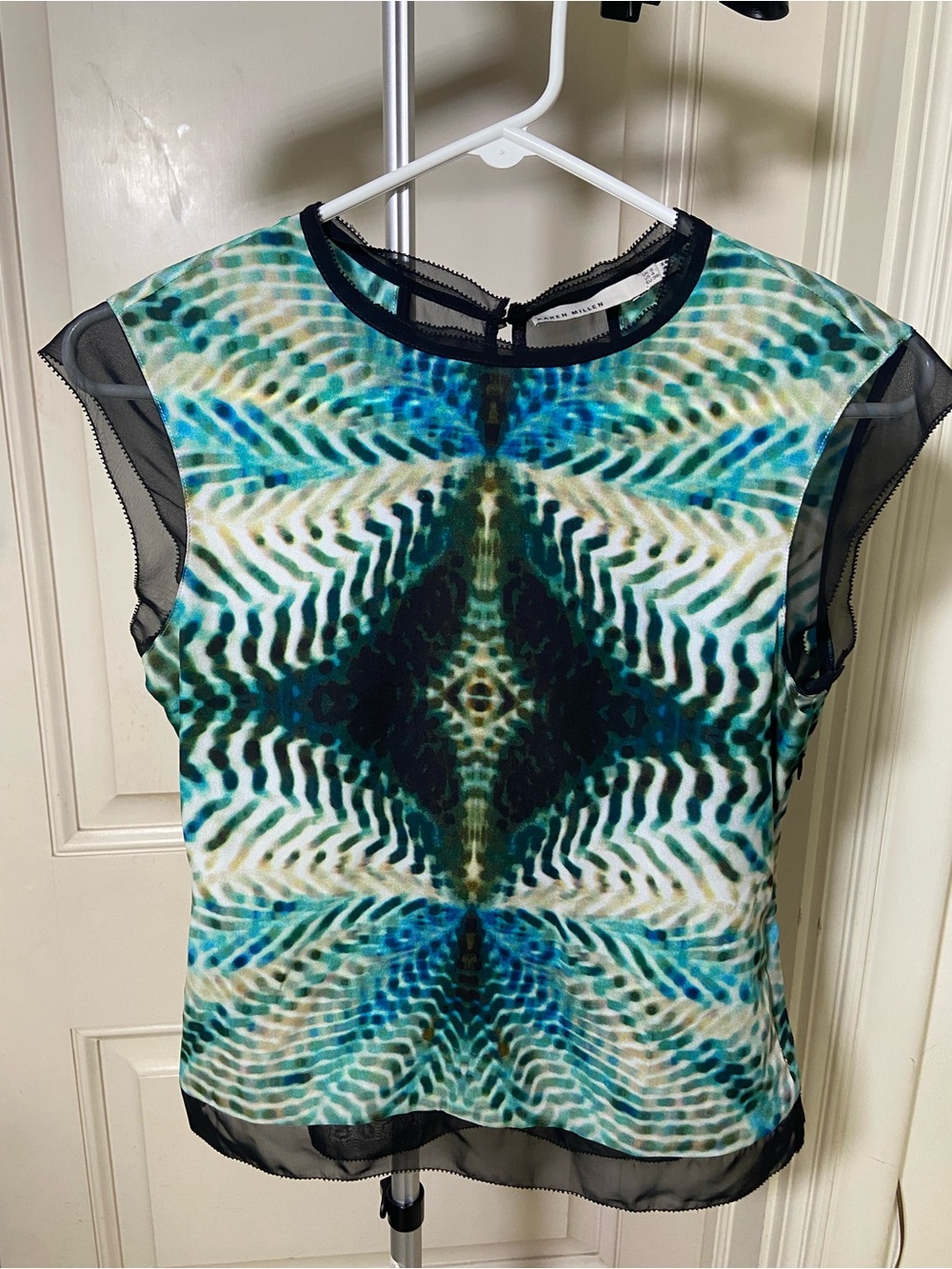 Karen Millen Women's Blue Green Multicolor Capped Sleeve Top size 4